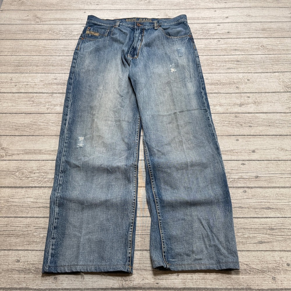 Vintage Pepe Jeans Men's 36x30 Blue Light Wash Wide Leg Baggy Fit Denim Cotton